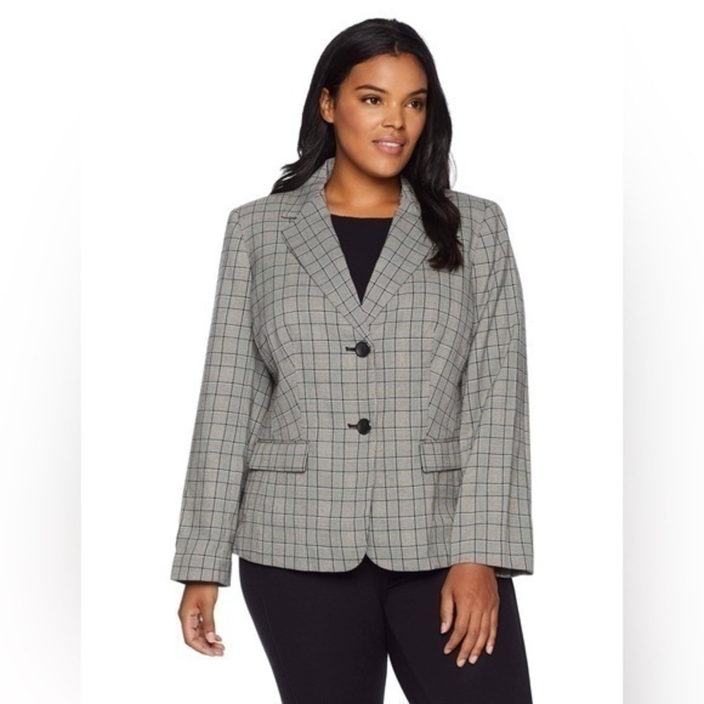 Nine West Gray Black Plaid Two Button Blazer Jacket